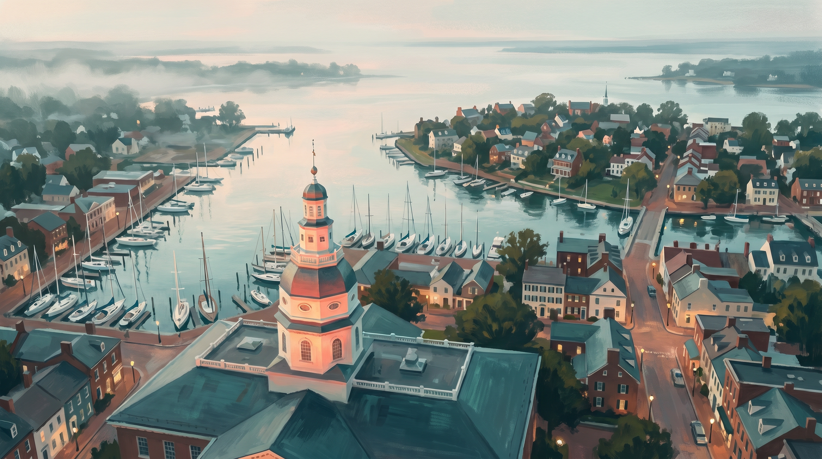 Painterly aerial view of Annapolis waterfront at dusk