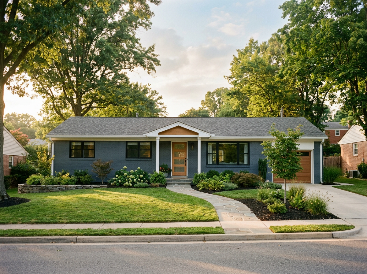 Renovated mid-century brick rambler with dark slate gray exterior