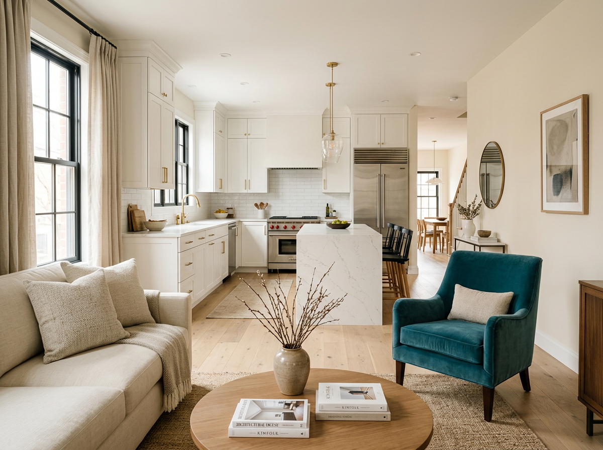Renovated open-concept living room and kitchen with white oak floors and a teal accent chair